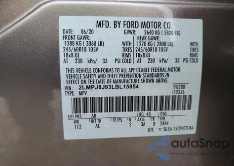 2020 Lincoln Nautilus from USA, damaged, VIN 2LMPJ8J93LBL15854